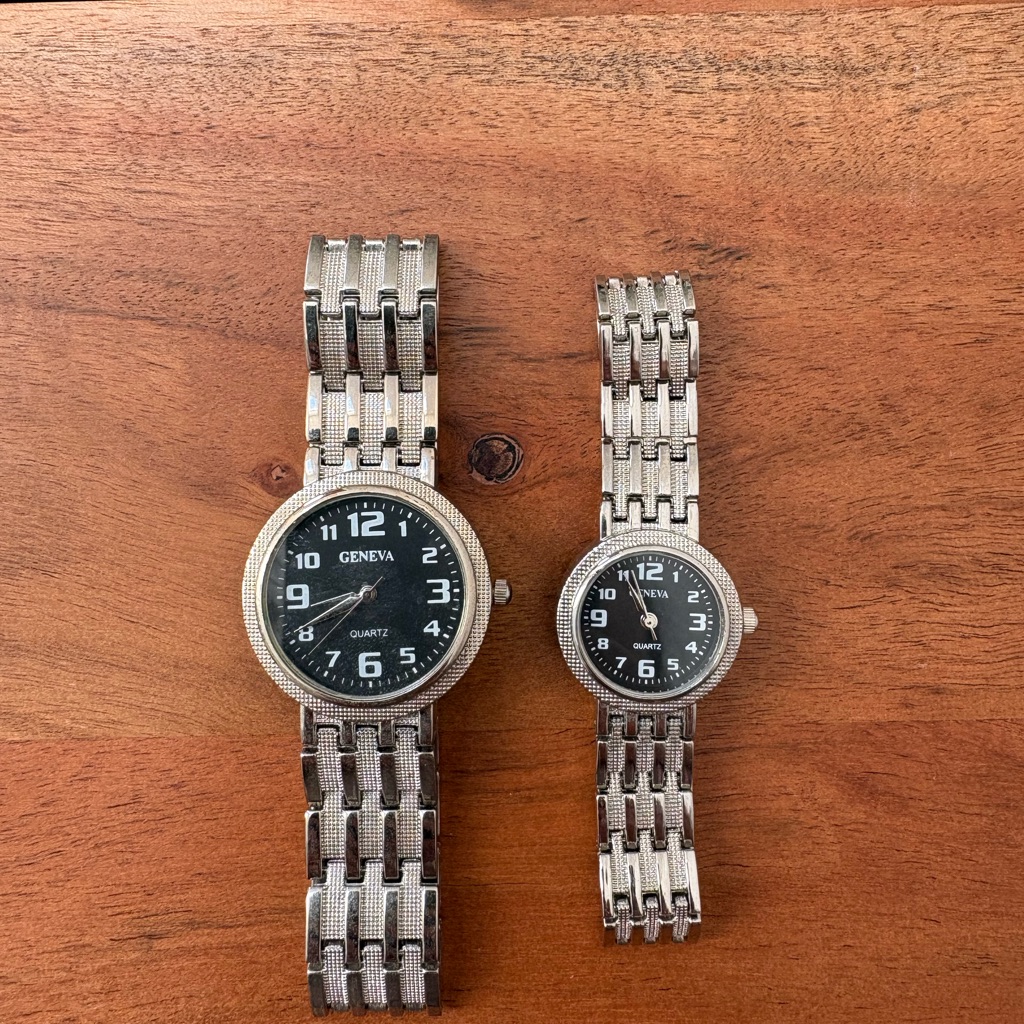 Geneva Classic SilverTone Matching Pair His  Hers Watches With Black Dials
